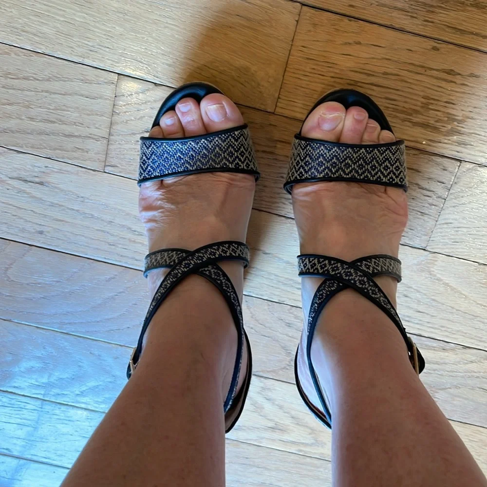 Jimmy Choo Portia Wedge Sandals Navy Cork Two-Tone Leather Size 38 EU Chic Style